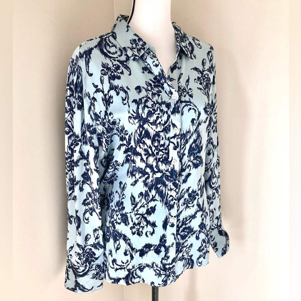Chico’s Sandwashed Satin Ikat Floral Button Shirt Size XXL - Picture 5 of 9